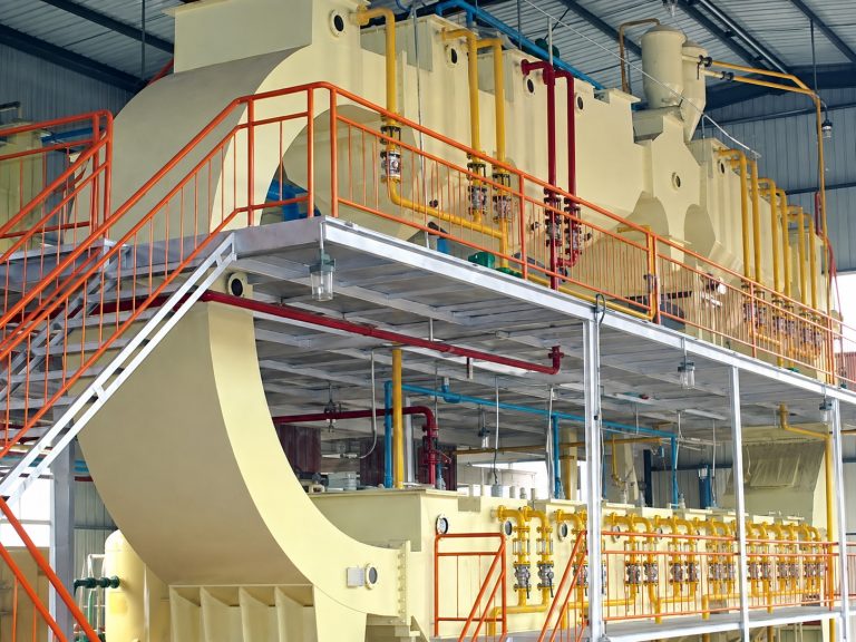 rice bran oil extraction equipment in an industrial processing plant