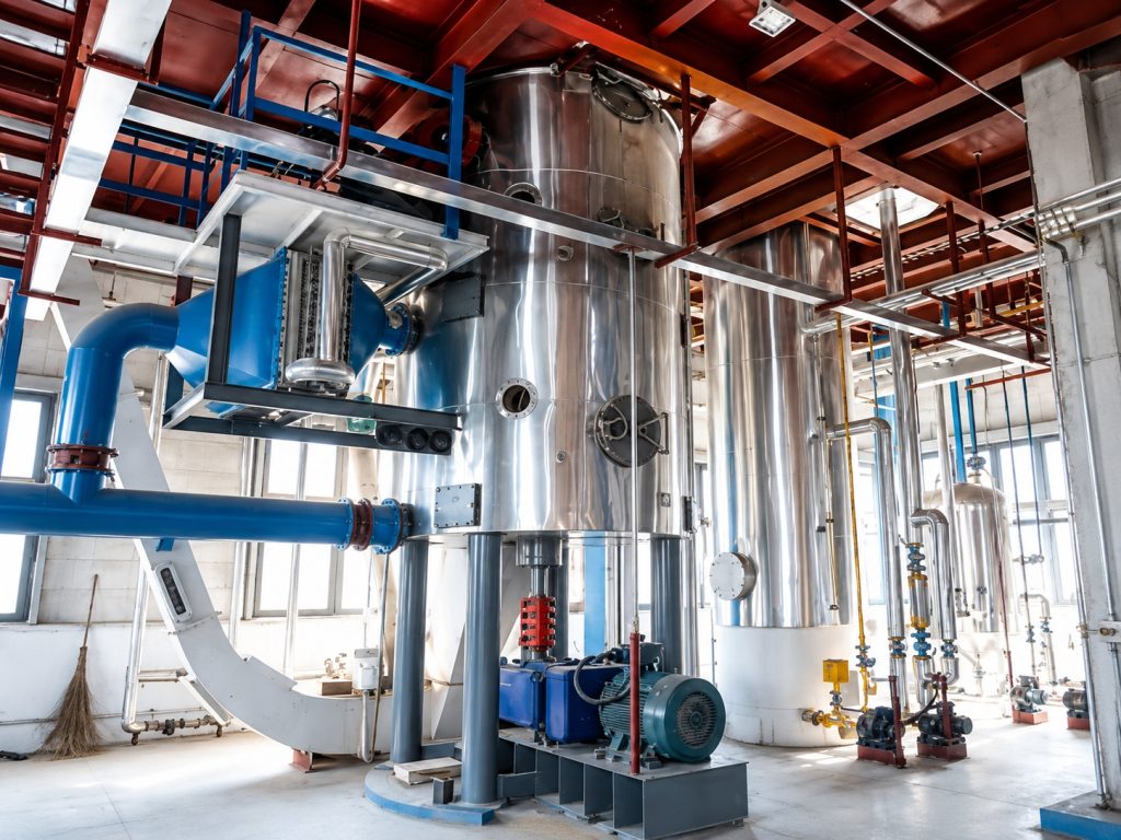rice bran oil refining line with tanks and process piping